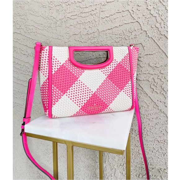 KATE SPADE Pink & White Plaid Gingham Alexia Woven Clutch Crossbody Bag